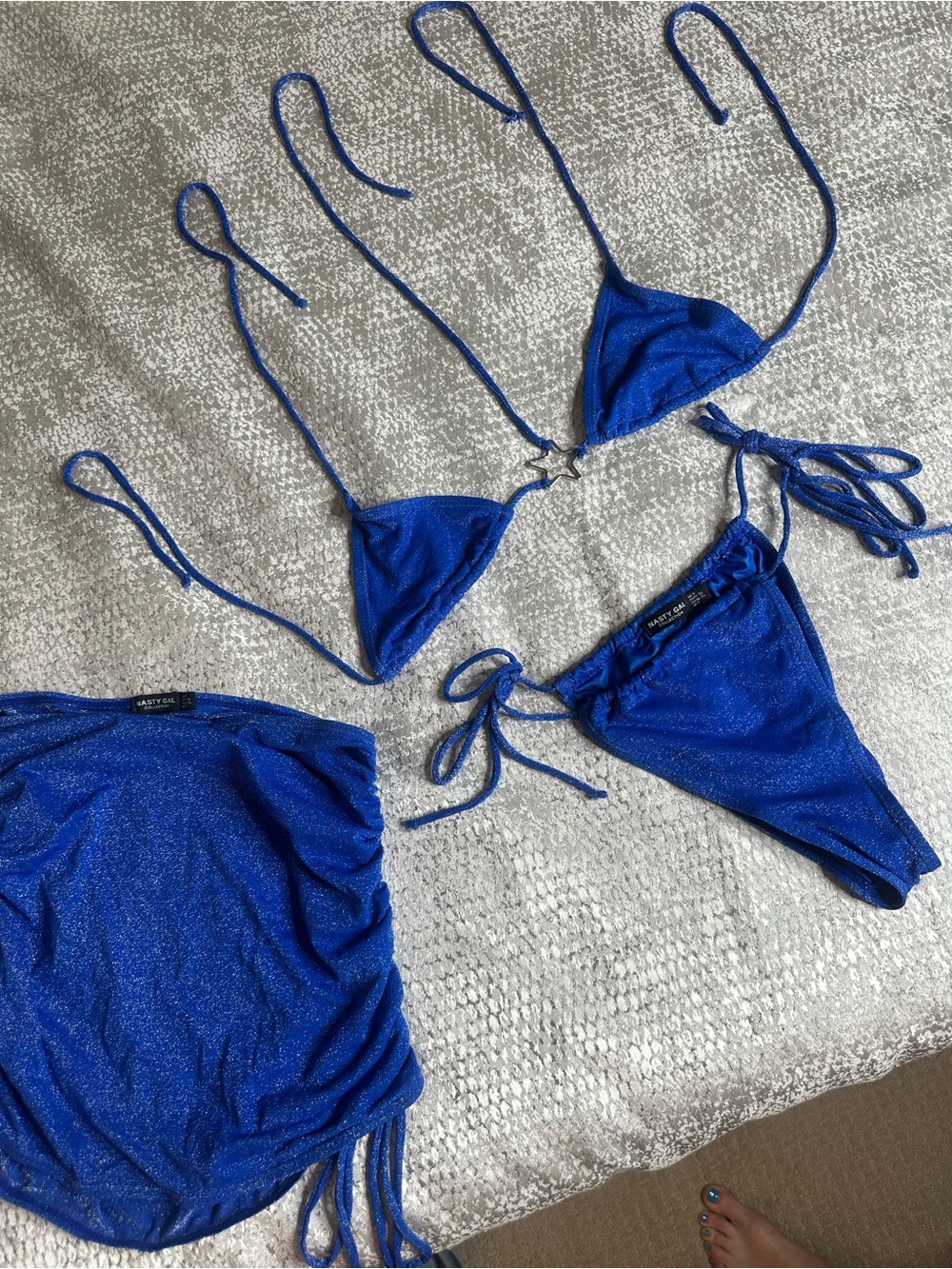 Nasty Gal Shimmer Royal Blue Triangle Bikini Set with Cover-Up